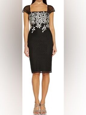 NWT Adrianna Pappel Metallic Floral Embroidered Cocktail Sheath Dress Size 4